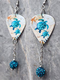 Sea Turtle Guitar Pick Earrings with Teal Pave Bead Dangles