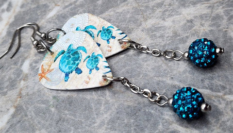 Sea Turtle Guitar Pick Earrings with Teal Pave Bead Dangles