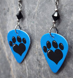 Paw Print and Heart on Blue Guitar Pick Earrings with Black Swarovski Crystals