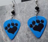 Paw Print and Heart on Blue Guitar Pick Earrings with Black Swarovski Crystals