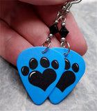 Paw Print and Heart on Blue Guitar Pick Earrings with Black Swarovski Crystals