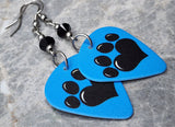 Paw Print and Heart on Blue Guitar Pick Earrings with Black Swarovski Crystals