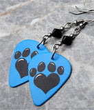 Paw Print and Heart on Blue Guitar Pick Earrings with Black Swarovski Crystals