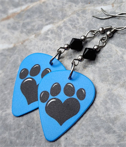 Paw Print and Heart on Blue Guitar Pick Earrings with Black Swarovski Crystals