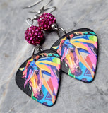 Stylized Horse Guitar Pick Earrings with Fuchsia Pave Beads