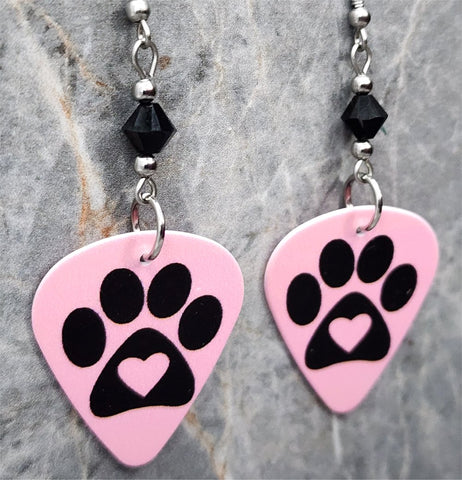 Paw Print and Heart on Pink Guitar Pick Earrings with Black Swarovski Crystals