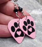 Paw Print and Heart on Pink Guitar Pick Earrings with Black Swarovski Crystals