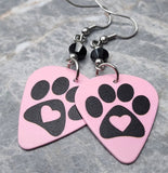 Paw Print and Heart on Pink Guitar Pick Earrings with Black Swarovski Crystals