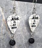 Jesus Is My Rock Guitar Pick Earrings with Black Pave Bead Dangles