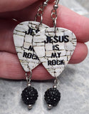 Jesus Is My Rock Guitar Pick Earrings with Black Pave Bead Dangles