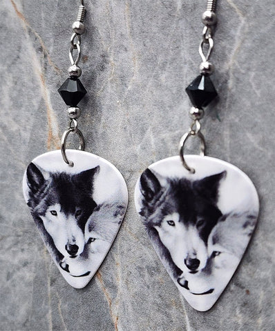 Nuzzling Wolves Guitar Pick Earrings with Black Swarovski Crystals
