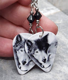 Nuzzling Wolves Guitar Pick Earrings with Black Swarovski Crystals