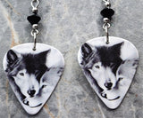 Nuzzling Wolves Guitar Pick Earrings with Black Swarovski Crystals