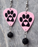 Paw Print and Heart on Pink Guitar Pick Earrings with Black Pave Bead Dangles