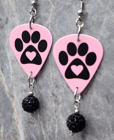 Paw Print and Heart on Pink Guitar Pick Earrings with Black Pave Bead Dangles