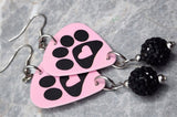 Paw Print and Heart on Pink Guitar Pick Earrings with Black Pave Bead Dangles