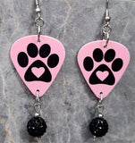 Paw Print and Heart on Pink Guitar Pick Earrings with Black Pave Bead Dangles