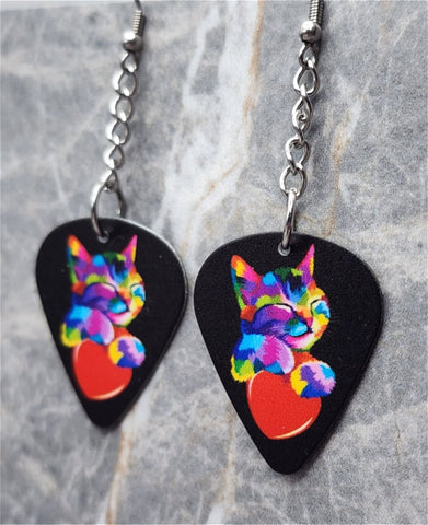Colorful Cat Hugging a Red Heart Dangling Guitar Pick Earrings