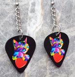 Colorful Cat Hugging a Red Heart Dangling Guitar Pick Earrings