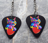Colorful Cat Hugging a Red Heart Dangling Guitar Pick Earrings