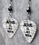 Jesus Is My Rock Guitar Pick Earrings with Black Swarovski Crystals