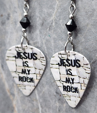 Jesus Is My Rock Guitar Pick Earrings with Black Swarovski Crystals