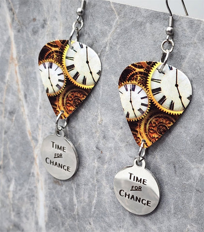 Time for Change on Clock Guitar Pick Earrings with Stainless Steel Charms
