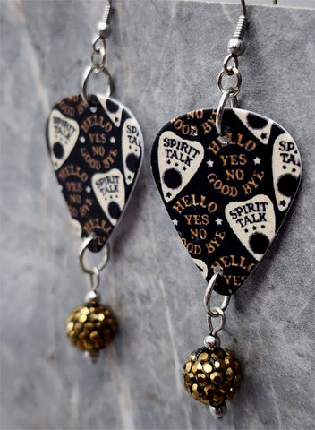 Ouija Board Planchettes Guitar Pick Earrings with Metallic Bronze Colored Pave Bead Dangles
