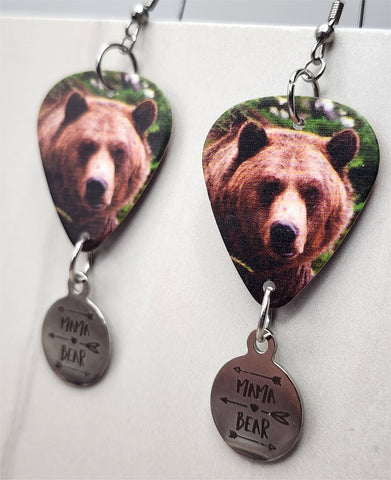 Mama Bear Guitar Pick Earrings with Stainless Steel "Mama Bear" Charm Dangles