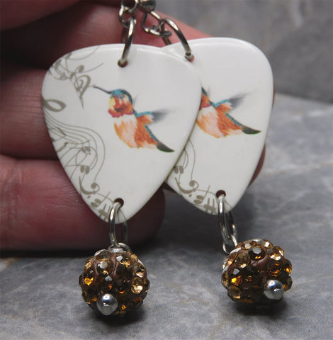 Musical Hummingbird Guitar Pick Earrings with Brown Ombre Pave Bead Dangles