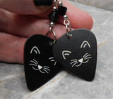 Cute Black Cat Face Guitar Pick Earrings with Black Swarovski Crystals