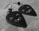 Cute Black Cat Face Guitar Pick Earrings with Black Swarovski Crystals