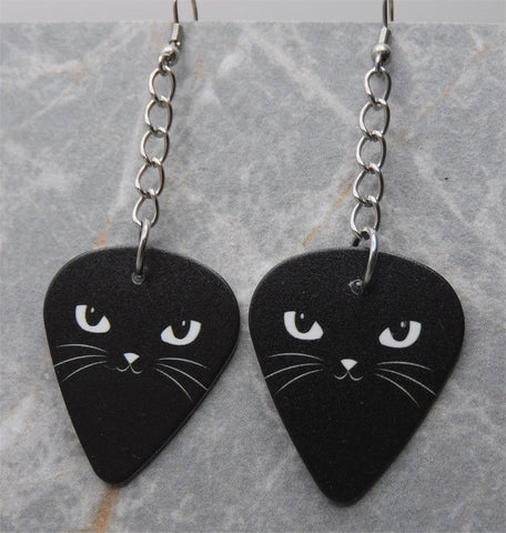 Dangling Pretty Black Cat Face Guitar Pick Earrings with Stainless Steel Chain