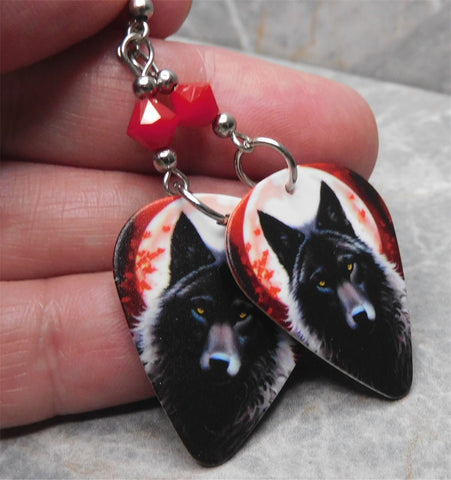 Blood Moon Wolf Guitar Pick Earrings with Red Swarovski Crystals