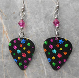 Colorful Paw Print Guitar Pick Earrings with Fuchsia Swarovski Crystals