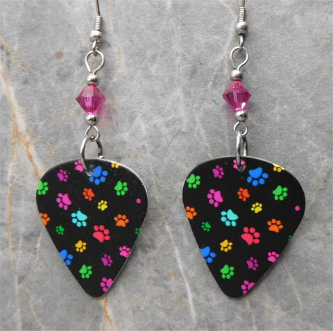 Colorful Paw Print Guitar Pick Earrings with Fuchsia Swarovski Crystals