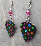 Colorful Paw Print Guitar Pick Earrings with Fuchsia Swarovski Crystals