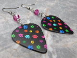 Colorful Paw Print Guitar Pick Earrings with Fuchsia Swarovski Crystals
