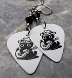 Country Star Black Cat Guitar Pick Earrings with Black Swarovski Crystals