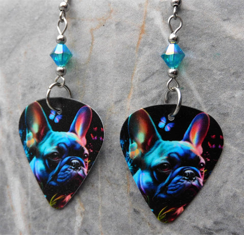 French Bulldog Boston Terrier Guitar Pick Earrings with Teal ABx2 Swarovski Crystals