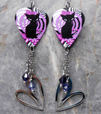 Art Deco Black Cat Guitar Pick Earrings with Stainless Steel Heart Charm and Swarovski Crystal Dangles
