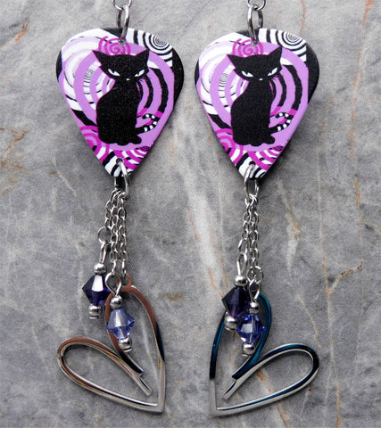 Art Deco Black Cat Guitar Pick Earrings with Stainless Steel Heart Charm and Swarovski Crystal Dangles