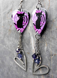 Art Deco Black Cat Guitar Pick Earrings with Stainless Steel Heart Charm and Swarovski Crystal Dangles