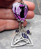 Art Deco Black Cat Guitar Pick Earrings with Stainless Steel Heart Charm and Swarovski Crystal Dangles