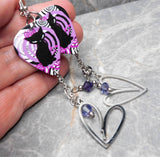 Art Deco Black Cat Guitar Pick Earrings with Stainless Steel Heart Charm and Swarovski Crystal Dangles