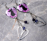 Art Deco Black Cat Guitar Pick Earrings with Stainless Steel Heart Charm and Swarovski Crystal Dangles