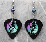 Black Cat Playing Acoustic Guitar - Guitar Pick Earrings with Jet Glacier Blue ABx2 Swarovski Crystals