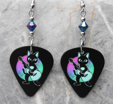 Black Cat Playing Acoustic Guitar - Guitar Pick Earrings with Jet Glacier Blue ABx2 Swarovski Crystals