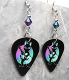 Black Cat Playing Acoustic Guitar - Guitar Pick Earrings with Jet Glacier Blue ABx2 Swarovski Crystals