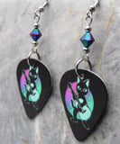 Black Cat Playing Acoustic Guitar - Guitar Pick Earrings with Jet Glacier Blue ABx2 Swarovski Crystals